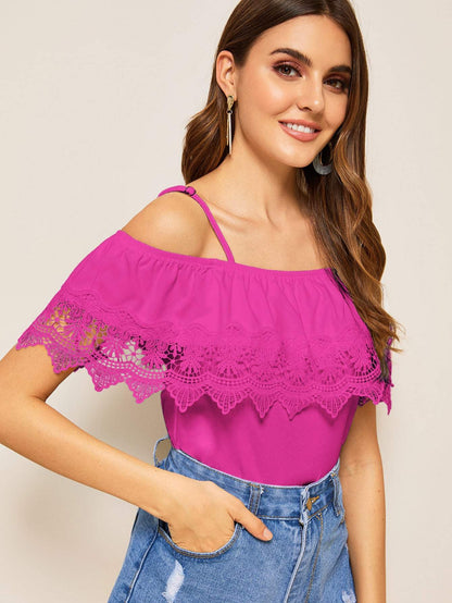 Spaghetti Strap Cold Shoulder Guipure Lace Trim Top