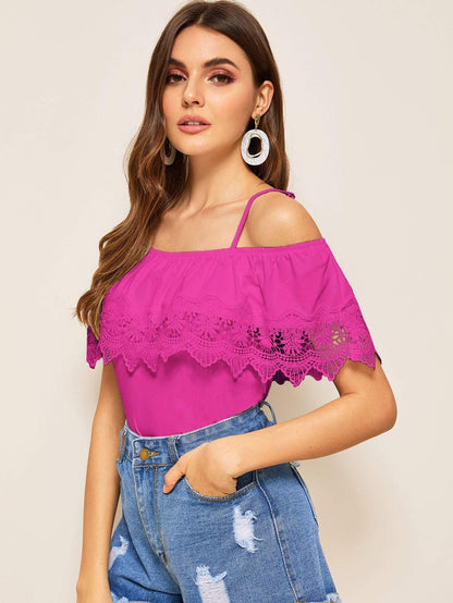 Spaghetti Strap Cold Shoulder Guipure Lace Trim Top