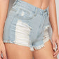 Blue Mid Waist Button Fly Ripped Detail Raw Hem Denim Shorts