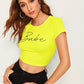 Slim Fit Cap Sleeve Round Neck Letter Print Rib-knit Crop Top