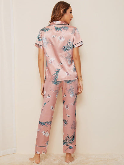 Pink Short Sleeve Crane & Tropical Print Satin Pajama Sleepwear Set