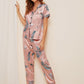 Pink Short Sleeve Crane & Tropical Print Satin Pajama Sleepwear Set