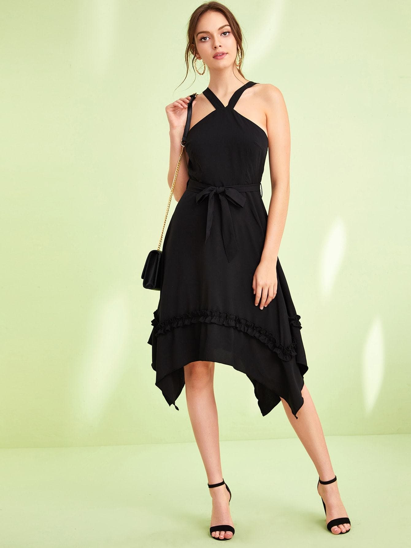 Black Sleeveless Frill Trim Self Belted Hanky Hem Dress
