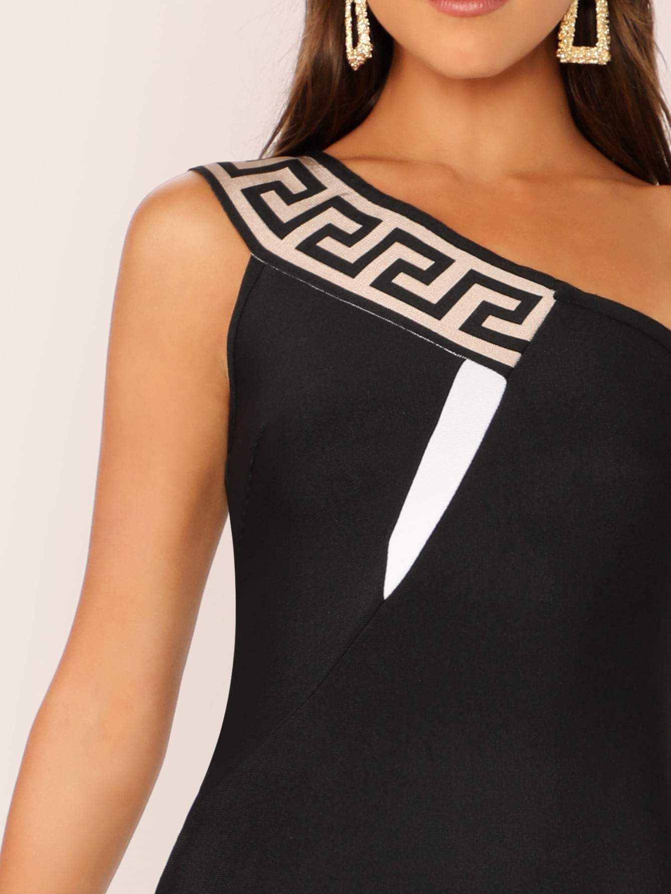 Black Geometric Sleeveless One Shoulder Bandage Asymmetric Hem Mini Dress