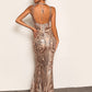 Pink Backless Sleeveless Tie Back Chain Detail Fishtail Hem Sequin Dress