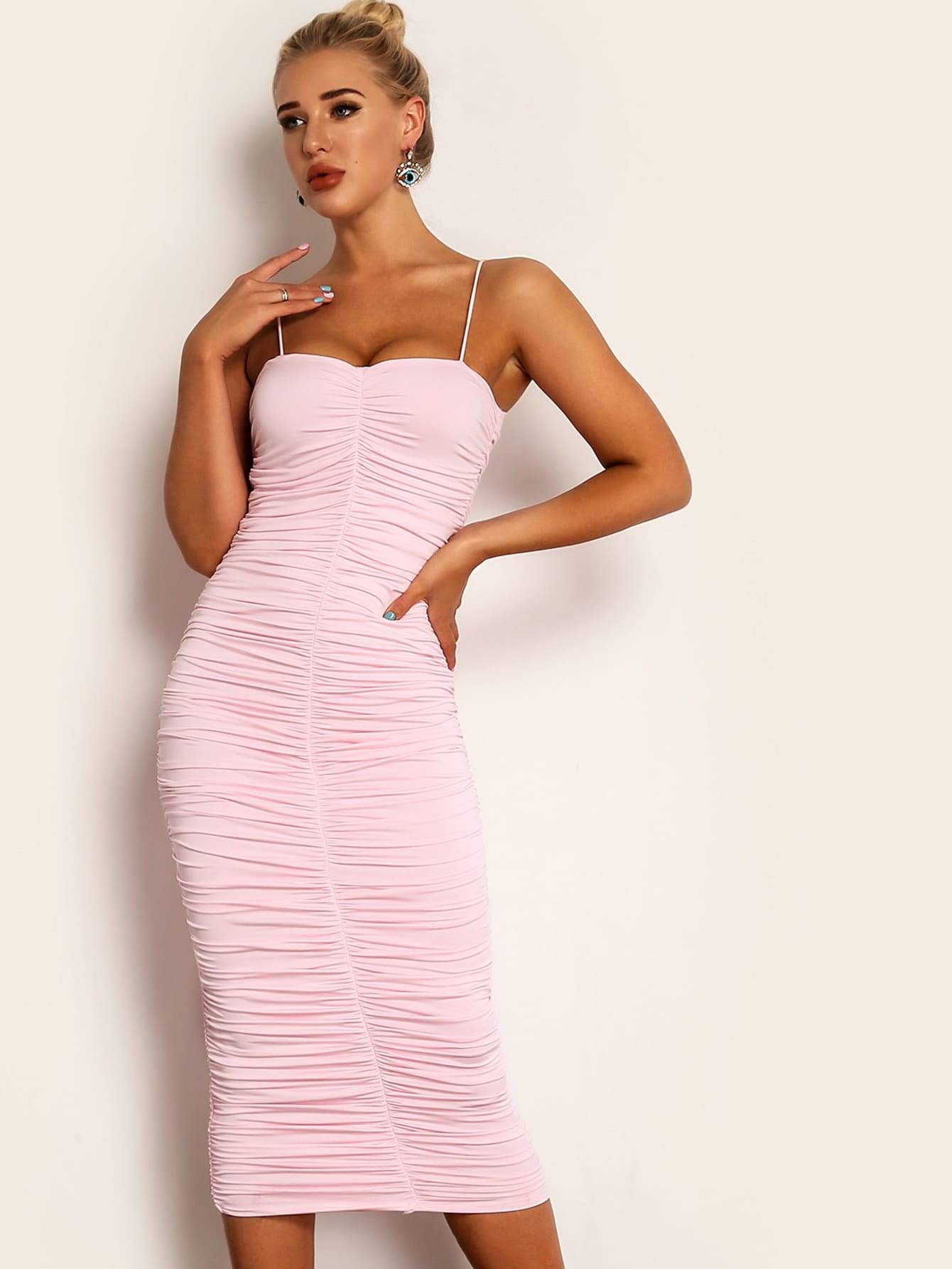 Pastel Pink Spaghetti Strap Sleeveless Sweetheart Neck Ruched Cami Pencil Dress
