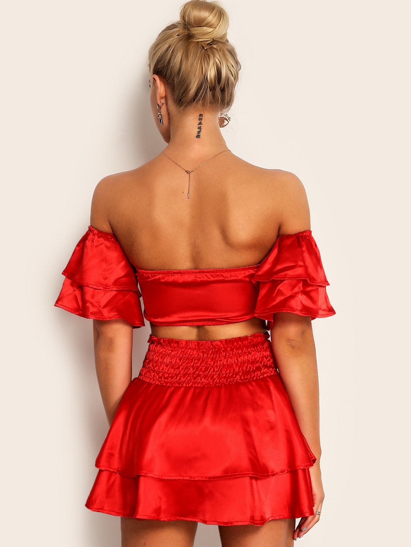 Bright Red Tie Front Satin Short Butterfly Sleeve Off Shoulder Bardot Top Flippy Skirt Set