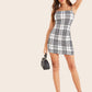 Sleeveless Spaghetti Strap Houndstooth Print Slip Pencil Dress