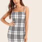 Sleeveless Spaghetti Strap Houndstooth Print Slip Pencil Dress