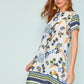Round Neck Short Sleeve Tribal Floral Print Keyhole Back Tunic Dress