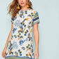 Round Neck Short Sleeve Tribal Floral Print Keyhole Back Tunic Dress