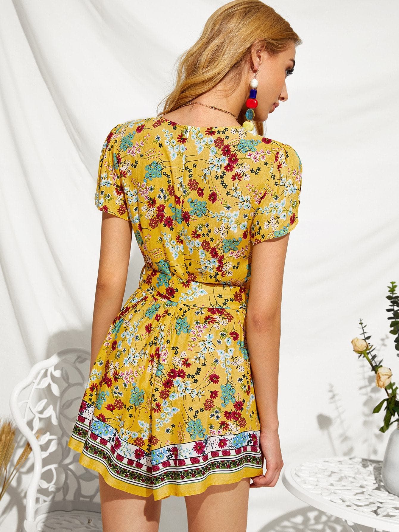 Yellow Short Sleeve Floral Print Plunging Neck Self Belted Playsuit Jumpsuit