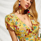 Yellow Short Sleeve Floral Print Plunging Neck Self Belted Playsuit Jumpsuit