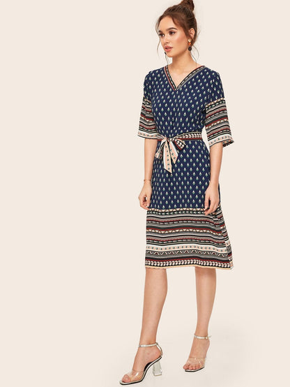 Three Quarter Sleeve Aztec Print V-neck Self Tie Dress