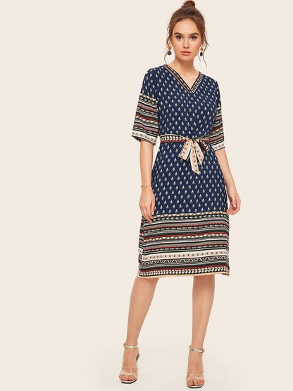 Three Quarter Sleeve Aztec Print V-neck Self Tie Dress