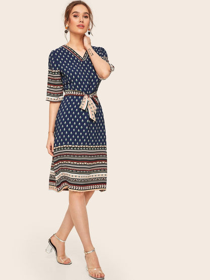 Three Quarter Sleeve Aztec Print V-neck Self Tie Dress