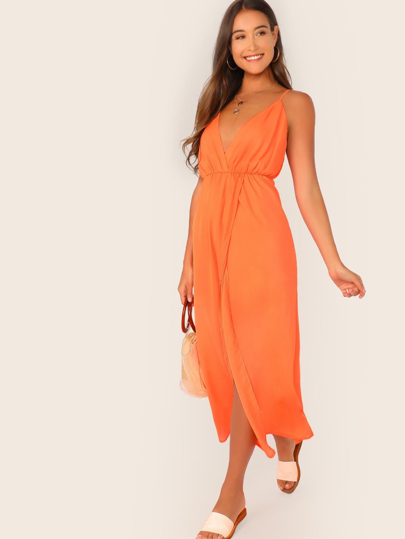  Neon Orange Sleeveless Spaghetti Strap Plunging Neck Wrap Slip Dress
