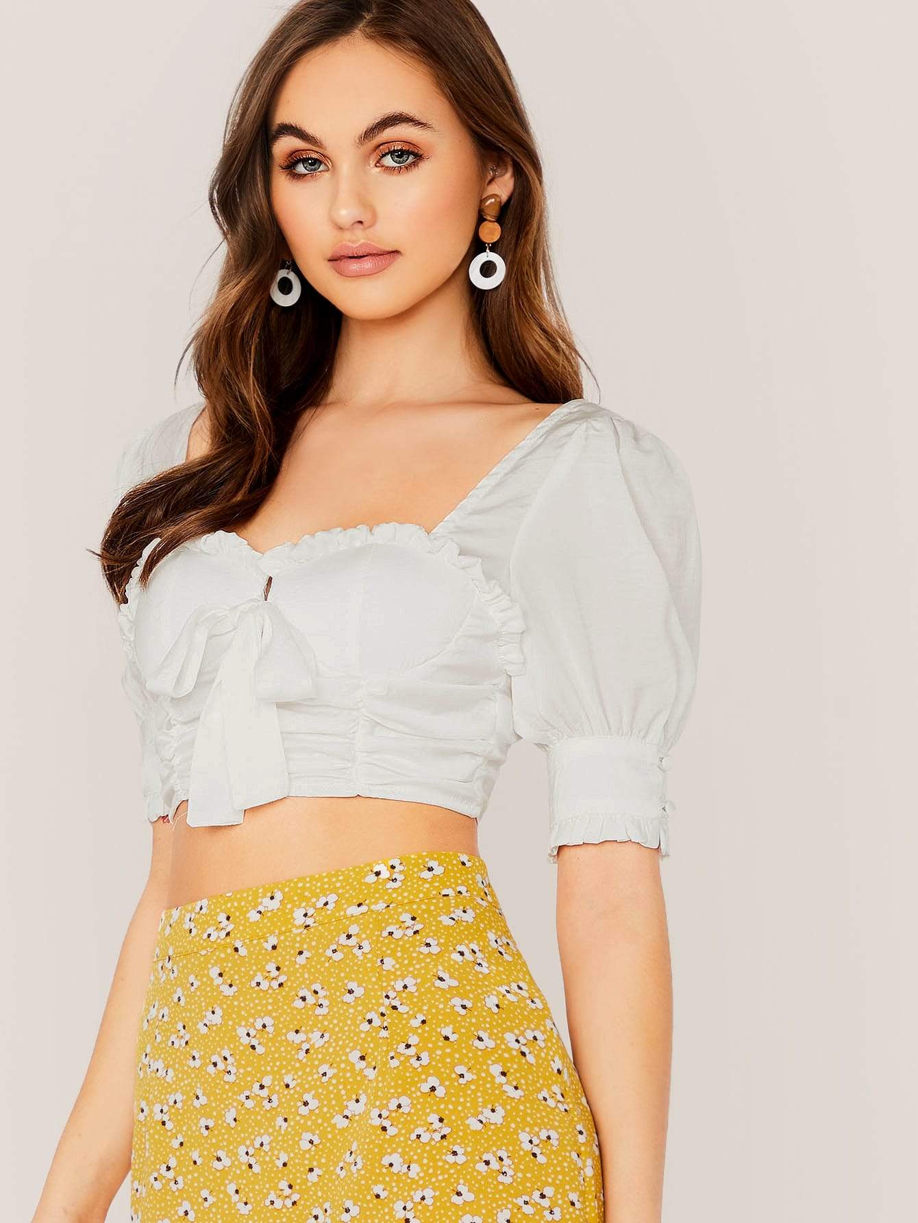 White Short Sleeve Tie Sweetheart Neck Smocked Back Puff Sleeve Top