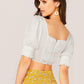 White Short Sleeve Tie Sweetheart Neck Smocked Back Puff Sleeve Top
