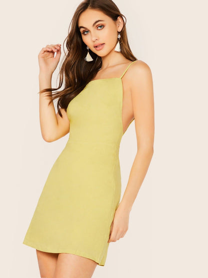 Square Neck Spaghetti Strap Lace Up Back Sleeveless Mini Dress