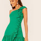 Green Sleeveless One Shoulder Ruffle Trim Smocked Mini Dress