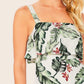 Ruched Tropical Leaf Print Sleeveless Ruffle Romper Jumpsuit