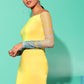 Yellow Long Sleeve Off Shoulder Fishnet Mesh Sleeve Bodycon Pencil Dress