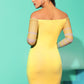 Yellow Long Sleeve Off Shoulder Fishnet Mesh Sleeve Bodycon Pencil Dress