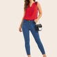 Bright Red Cotton Notched Guipure Lace Insert Shoulder Tank Top