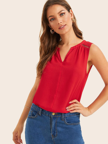 Bright Red Cotton Notched Guipure Lace Insert Shoulder Tank Top