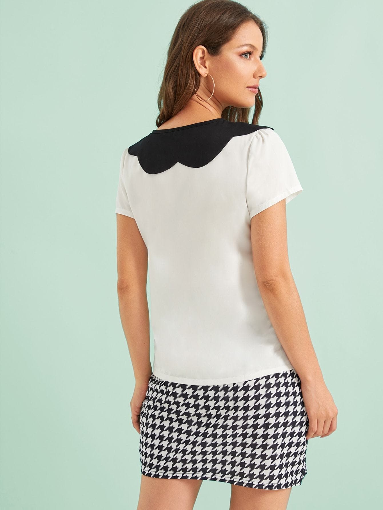 White Short Sleeve Contrast Collar Tie Neck Blouse Top