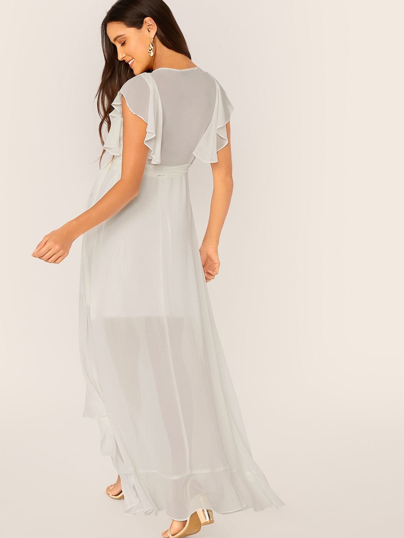 White Short Sleeve Ruffle Detail High Low V-Neck Wrap Dress