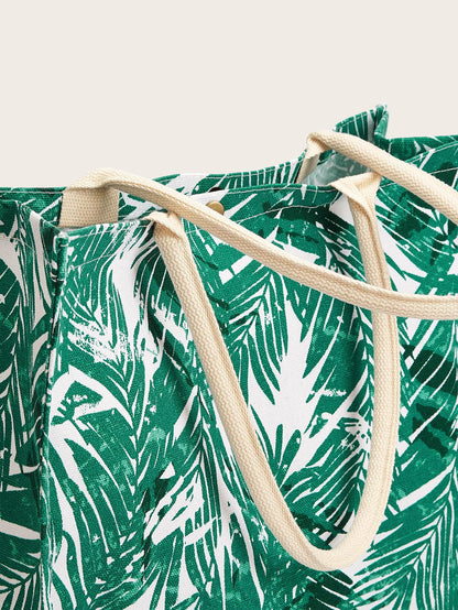 Green Leaf Print Canvas Large Tote Bag