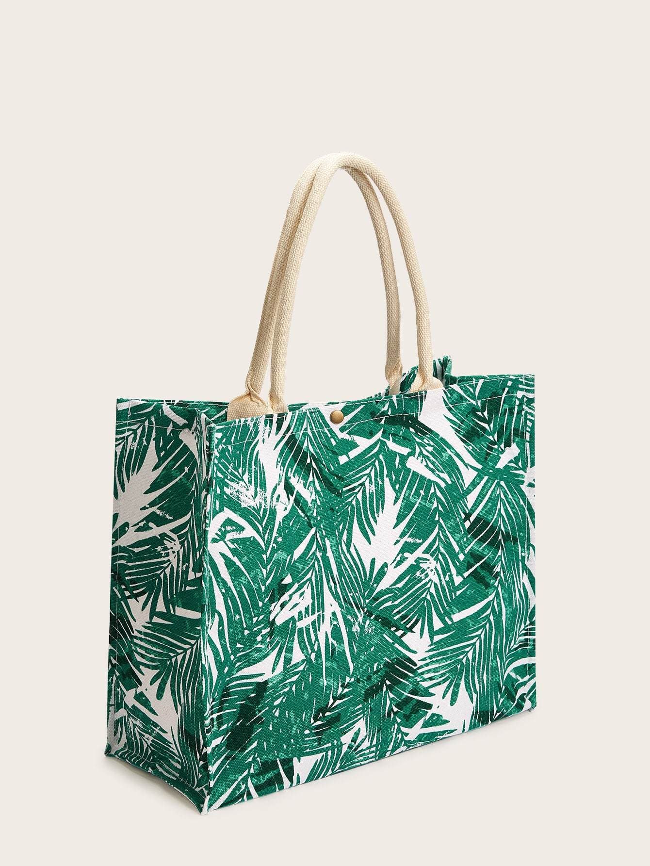 Green Leaf Print Canvas Large Tote Bag