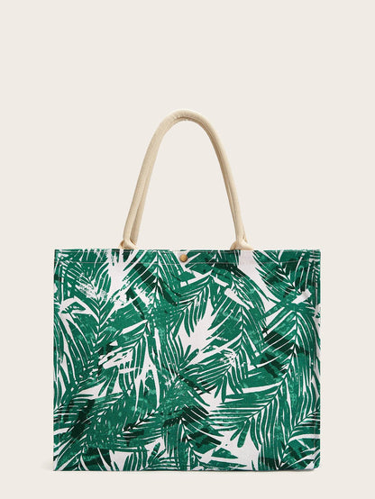 Green Leaf Print Canvas Large Tote Bag