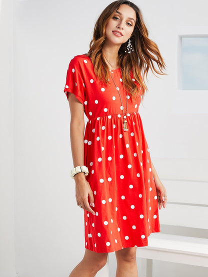 Short Sleeve Round Neck Polka-dot Print Slant Pocket Dress