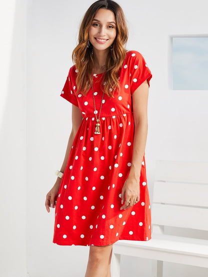 Short Sleeve Round Neck Polka-dot Print Slant Pocket Dress