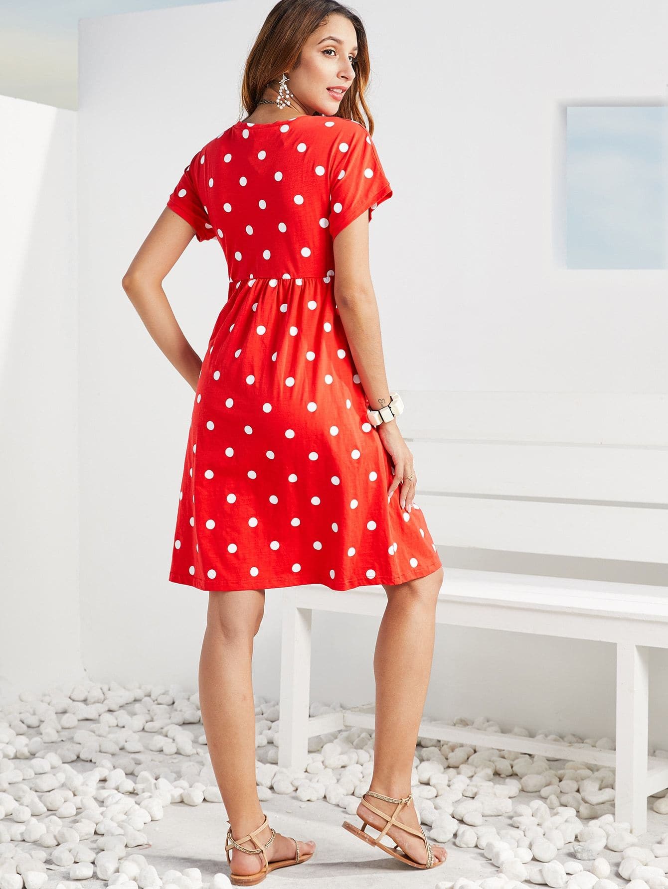 Short Sleeve Round Neck Polka-dot Print Slant Pocket Dress