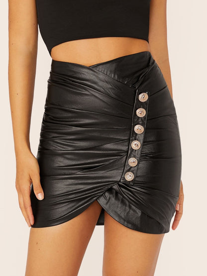 Black Wrap High Wasit Faux Leather Pleated Button Detail Mini Skirt