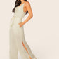 White Sleeveless Cowl Neck Spaghetti Strap Satin Waist Tie Jumpsuit