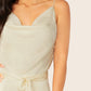 White Sleeveless Cowl Neck Spaghetti Strap Satin Waist Tie Jumpsuit