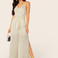 White Sleeveless Cowl Neck Spaghetti Strap Satin Waist Tie Jumpsuit
