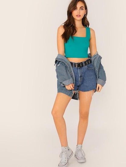Slim Fit Square Neck Solid Tank Top