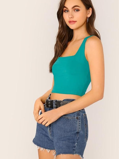 Slim Fit Square Neck Solid Tank Top