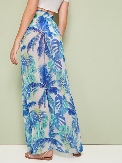 Sleeveless Tropical Print Tie Waist Cover Up Skirt