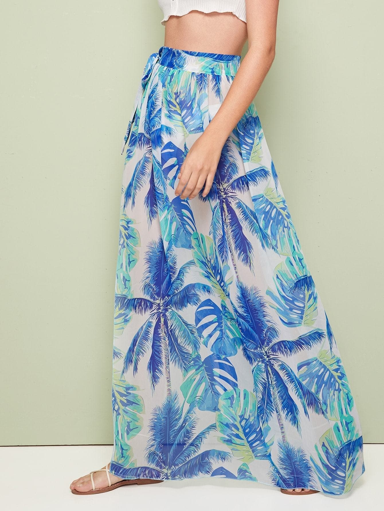 Sleeveless Tropical Print Tie Waist Cover Up Skirt