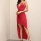 Bright Red Spaghetti Strap Sleeveless Solid Asymmetrical Hem Twist Backless Slip Dress