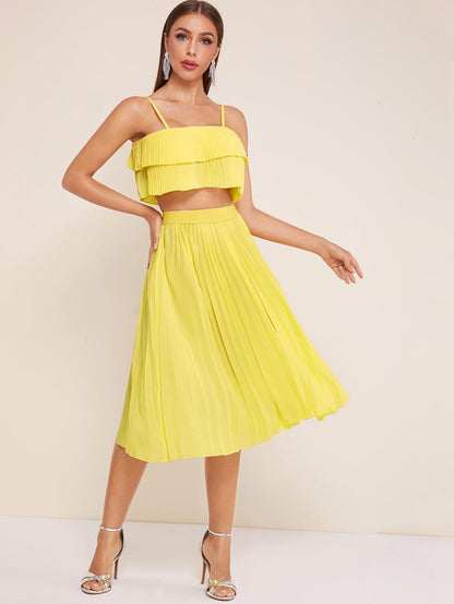 Pastel Yellow Spaghetti Strap Sleeveless Pleated Tired Layer Pleated Cami Top With Skirt