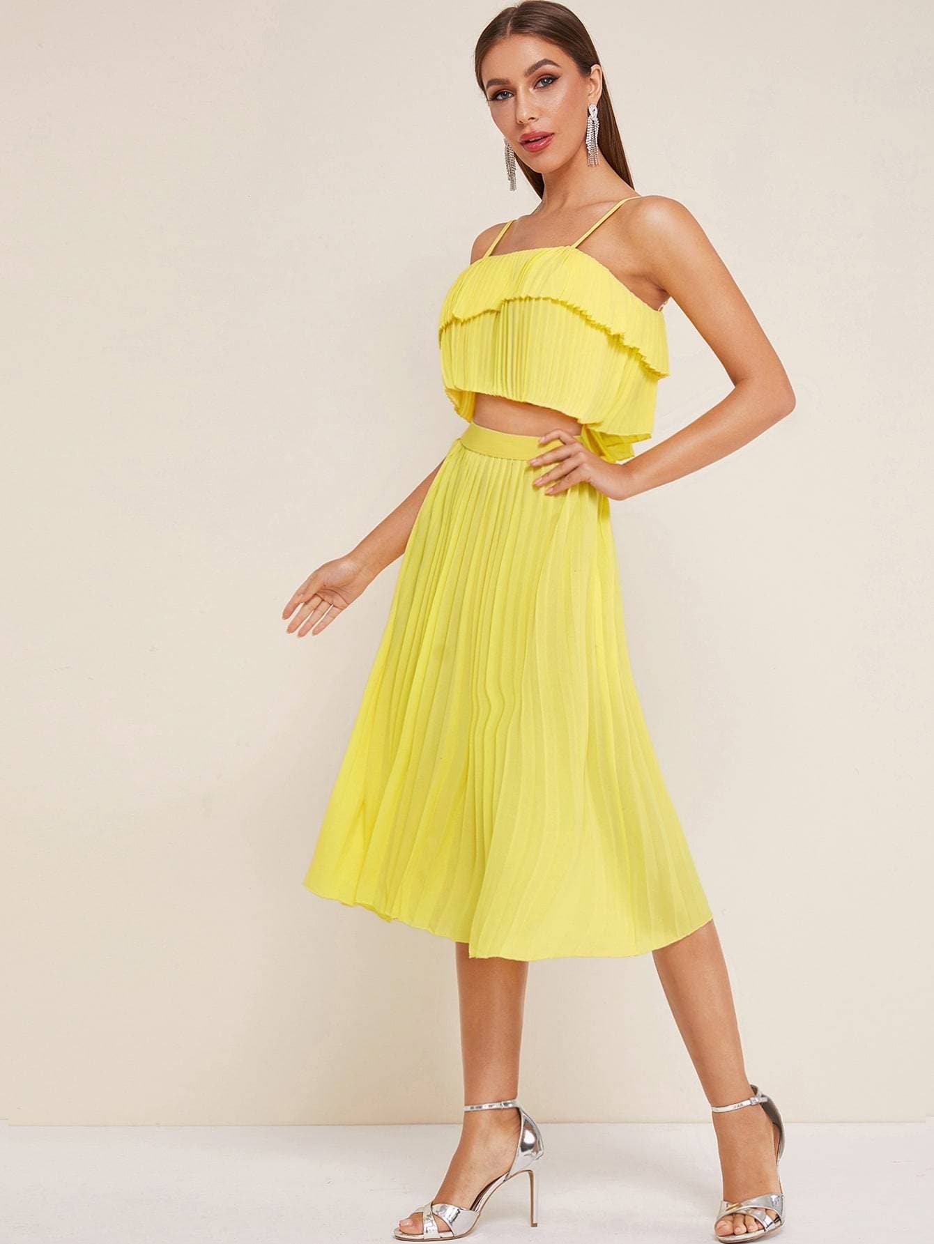 Pastel Yellow Spaghetti Strap Sleeveless Pleated Tired Layer Pleated Cami Top With Skirt