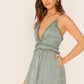 Green Sleeveless V-Neck Frill Trim Crisscross Back Slant Pocket Satin Romper Jumpsuit